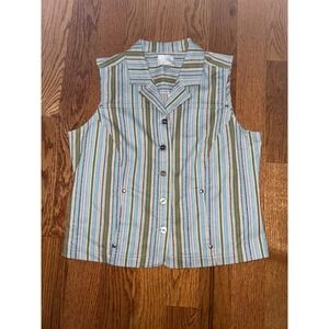Christopher & Banks Womens Blue Green Striped Sleeveless Button Up Vest Top L